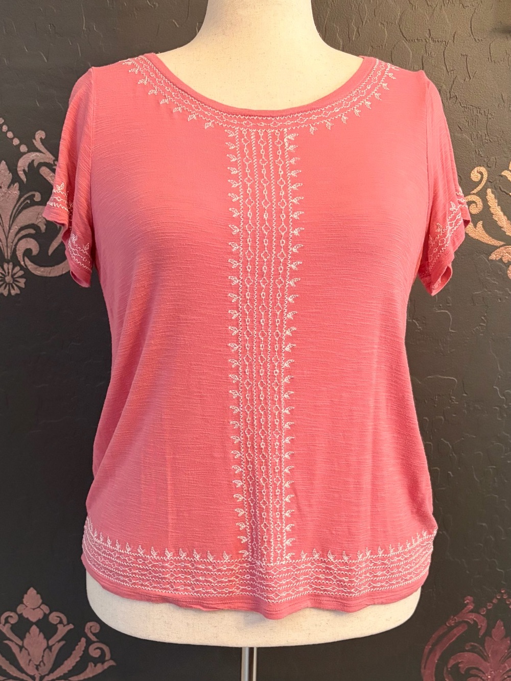 Rafaella Coral Pink Embroidered Short Sleeve Tee